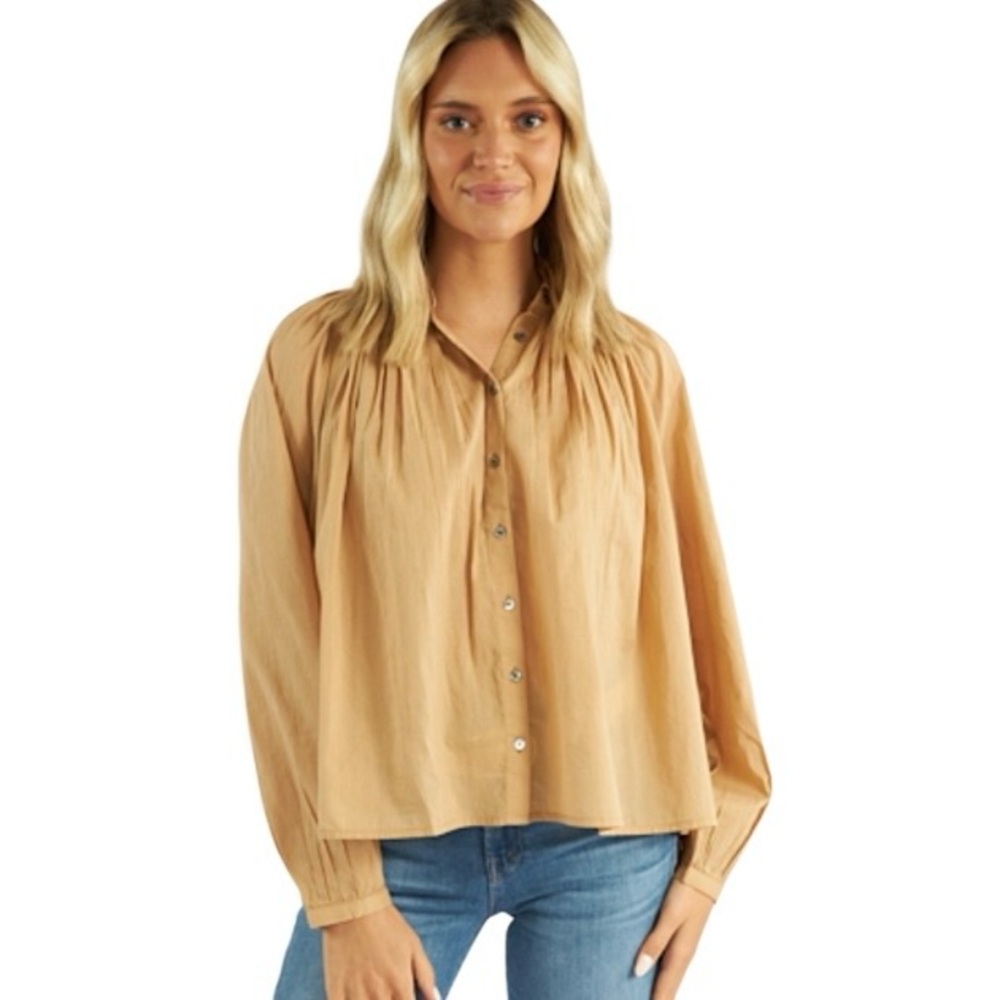 XiRENA Fabienne Cotton‎ Shirt  in Biscuit With Raglon Sleeves Button Down Sz S